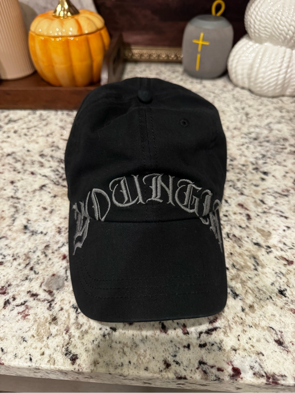 YoungLA Black Baseball Cap with Gray Gothic Embroidery